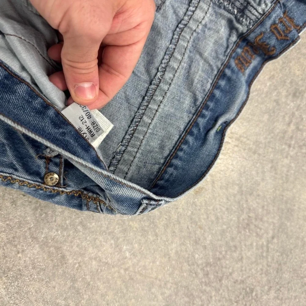 Baggy Embroidered Jeans Y2K Faded Skater Wide Leg Lightwash Denim Jeans 40x32
